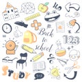 Back to School Kids Hand Drawn Doodle with Boy, Pen and Mathematics. Education Concept Royalty Free Stock Photo