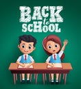 Back to School kids vector design. Boy and girl students sitting on the desk studying lessons Royalty Free Stock Photo