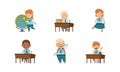 Back to School with Kids Wearing Blue Uniform Sitting at Desk and Walking with Backpack Vector Set