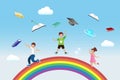 Back to school and kindergarten education concept. Happy children on rainbow with graduation cap and book, pencil and school Royalty Free Stock Photo