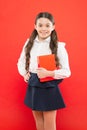 Back to school. Knowledge day. Possible everything. Schoolgirl enjoy study. Kid school uniform hold workbook. School