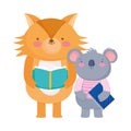 Back to school, koala reading book koala with notepad cartoon