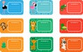 Set of school labels with cute animals and birds. Tiger, monkey and seven more funny animals.