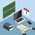 Back to school. Laptop, mobile phone, books, checklist, clipboard and pen on desktop, worktable. Calendar on the wall. Vector illu Royalty Free Stock Photo