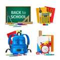 Back to school. Learning tools concepts. Realistic educational objects compositions. Colorful stationery. Students
