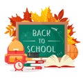 Back to school lettering by chalkboard vector illustration, cartoon flat green schoolboard with school supplies or tools