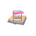 Back to school, lettering composition with image of open cartoon Royalty Free Stock Photo