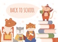 Back to school lettering, education concept vector illustration, cartoon happy smart animal student schoolkid characters