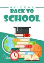 Back to school lettering vector illustration. Cartoon flat stationery, tools supplies and accessories for study in