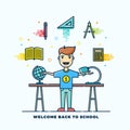 Back to School Line Style Flat Vector Illustration. Stationary Icons. Boy Standing at the Desk with Lamp and Globe.