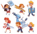 Back to school. Little children holding big school stationery. Set Royalty Free Stock Photo