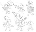 Little children holding big school stationery. Coloring book Royalty Free Stock Photo