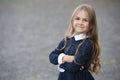 Back to school and looking cool. Happy kid back to school. Small girl wear school uniform. Dress code. Formal education Royalty Free Stock Photo