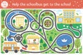 Back to school maze for children. Preschool printable educational activity. Funny puzzle with cute school bus, houses, trees, park