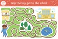 Back to school maze for children. Preschool printable educational activity. Funny puzzle with cute schoolboy, road map, park. Help