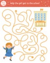 Back to school maze for children. Preschool printable educational activity. Funny puzzle with cute schoolgirl. Help the girl get