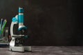 Back to school. Microscope isolated on black background. Studying biology at school laboratory Royalty Free Stock Photo