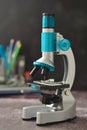 Back to school. Microscope isolated on black background. Studying biology at school laboratory Royalty Free Stock Photo