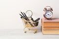 Back to school modern background with books, alarm clock Royalty Free Stock Photo