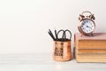 Back to school modern background with books, alarm clock Royalty Free Stock Photo