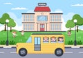 Back To School, Modern Building and Bus in the Front Yard With Some Children. Background Landing Page Illustration Royalty Free Stock Photo