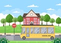 Back To School, Modern Building and Bus in the Front Yard With Some Children. Background Landing Page Illustration Royalty Free Stock Photo