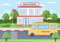 Back To School, Modern Building and Bus in the Front Yard With Some Children. Background Landing Page Illustration Royalty Free Stock Photo