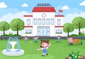 Back To School, Modern Building and Some Children Are Playing In The Front Yard. Background Landing Page Illustration Royalty Free Stock Photo