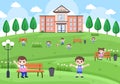 Back To School, Modern Building and Some Children Are Playing In The Front Yard. Background Landing Page Illustration Royalty Free Stock Photo