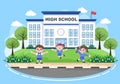 Back To School, Modern Building and Some Children Are Playing In The Front Yard. Background Landing Page Illustration Royalty Free Stock Photo