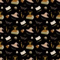 Back to school mystery pattern. Dark Academia seamless background. Books, magical hat, library, hourglass mystical