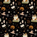 Back to school mystery pattern. Dark Academia seamless print. Books, scull, library alchemy background.