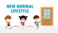 Back to school for new normal lifestyle banner concept. happy kids wearing face mask and social distancing protect coronavirus Royalty Free Stock Photo