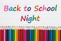 Back to School Night message with color pencils crayons on vintage ruled line notebook paper Royalty Free Stock Photo