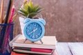 Back to school, notebook,alarm clock,flower on wooden table