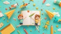 The back to school notebook background shows little men flying yellow paper airplanes. Modern cartoon illustration of