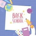 Back to school, notebook crayon pencil paper purple grid background education cartoon