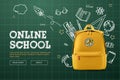 Back to school, online school banner, poster. Yellow backpack with school supplies on the background of a green