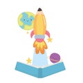 Back to school, open book flying rocket and planets education cartoon