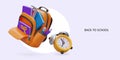 Back to school. Open realistic backpack with school supplies, alarm clock