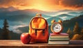 back to school orange backpack with books apple