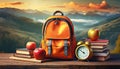 back to school orange backpack with books apple