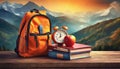 back to school orange backpack with books apple