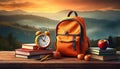 back to school orange backpack with books apple