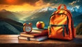 back to school orange backpack with books apple