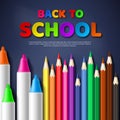 Back to school paper cut style letters with realistic colorful pencils and markers. Royalty Free Stock Photo