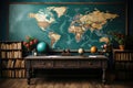 Back to the school past with a map of the world. A picture of the teacher\'s desk indoors in a school classroom Royalty Free Stock Photo