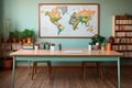 Back to the school past with a map of the world. A picture of the teacher\'s desk indoors in a school classroom Royalty Free Stock Photo