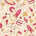 Back to school pattern. Science flat seamless pattern with scientific elements - molecule, atom structure, rocket, books