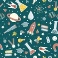 Back to school pattern. Science flat seamless pattern with scientific elements - molecule, atom structure, rocket, books